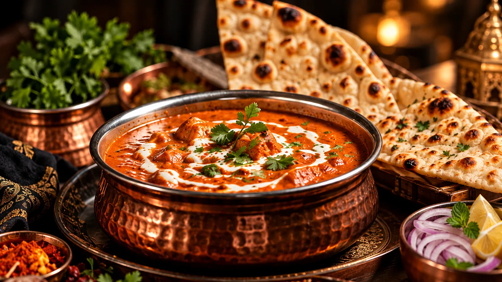 Butter chicken served in a hammered copper bowl with fresh naan