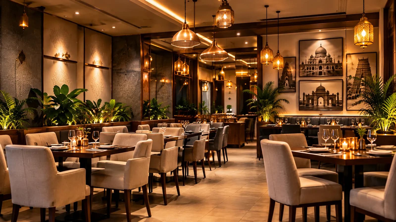 Spacious dining hall with warm lighting and heritage artwork