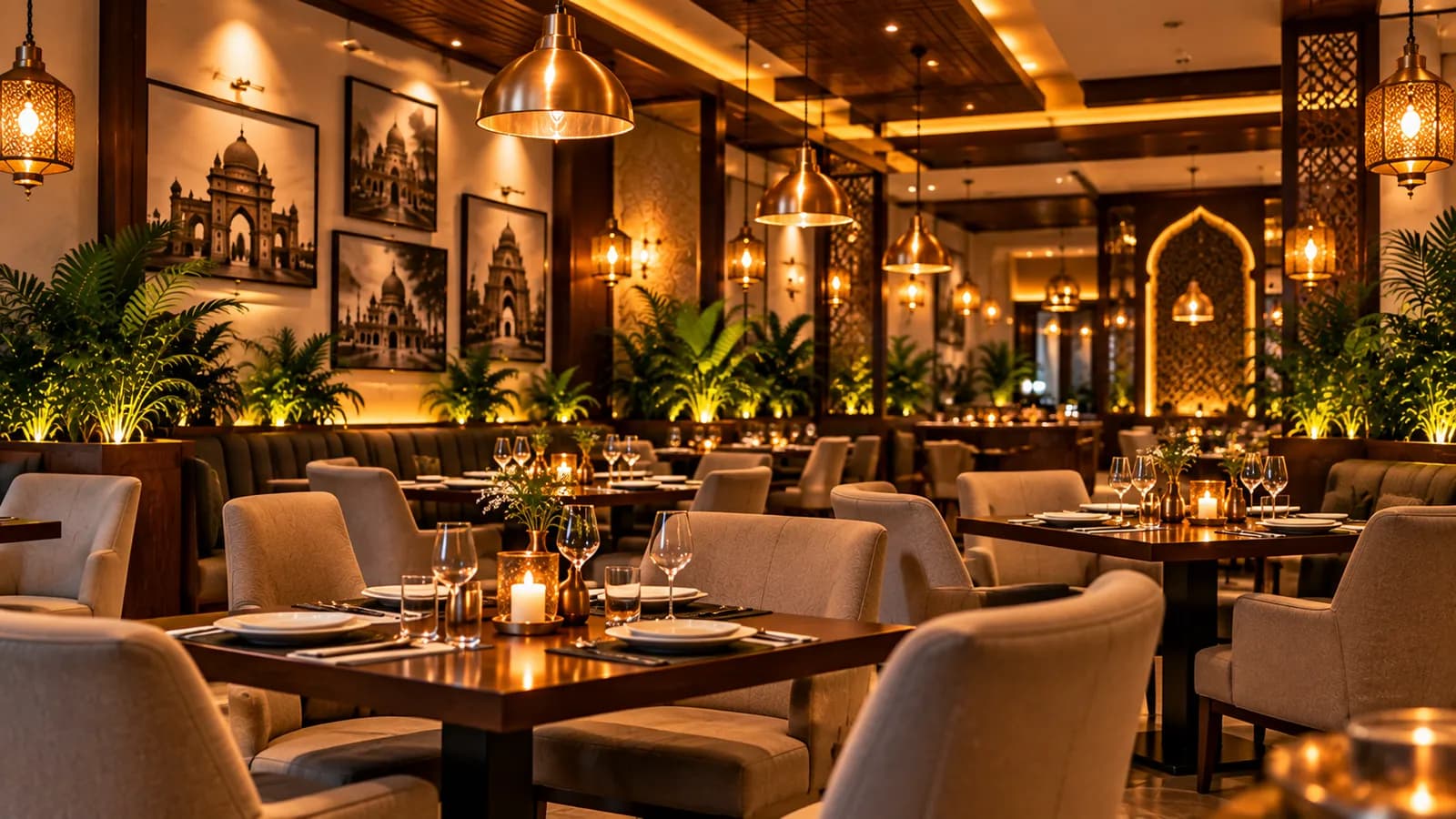 Candle-lit tables beneath brass lanterns