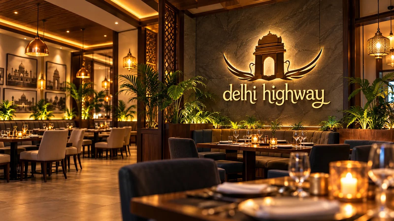 Delhi Highway restaurant interior with the illuminated logo on the wall
